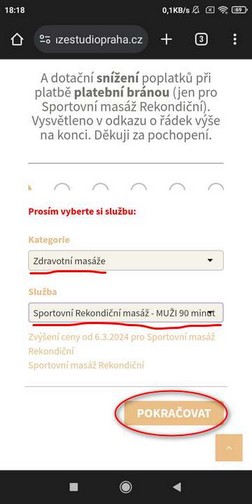 Krok 1- potvrdit výběr Služby
